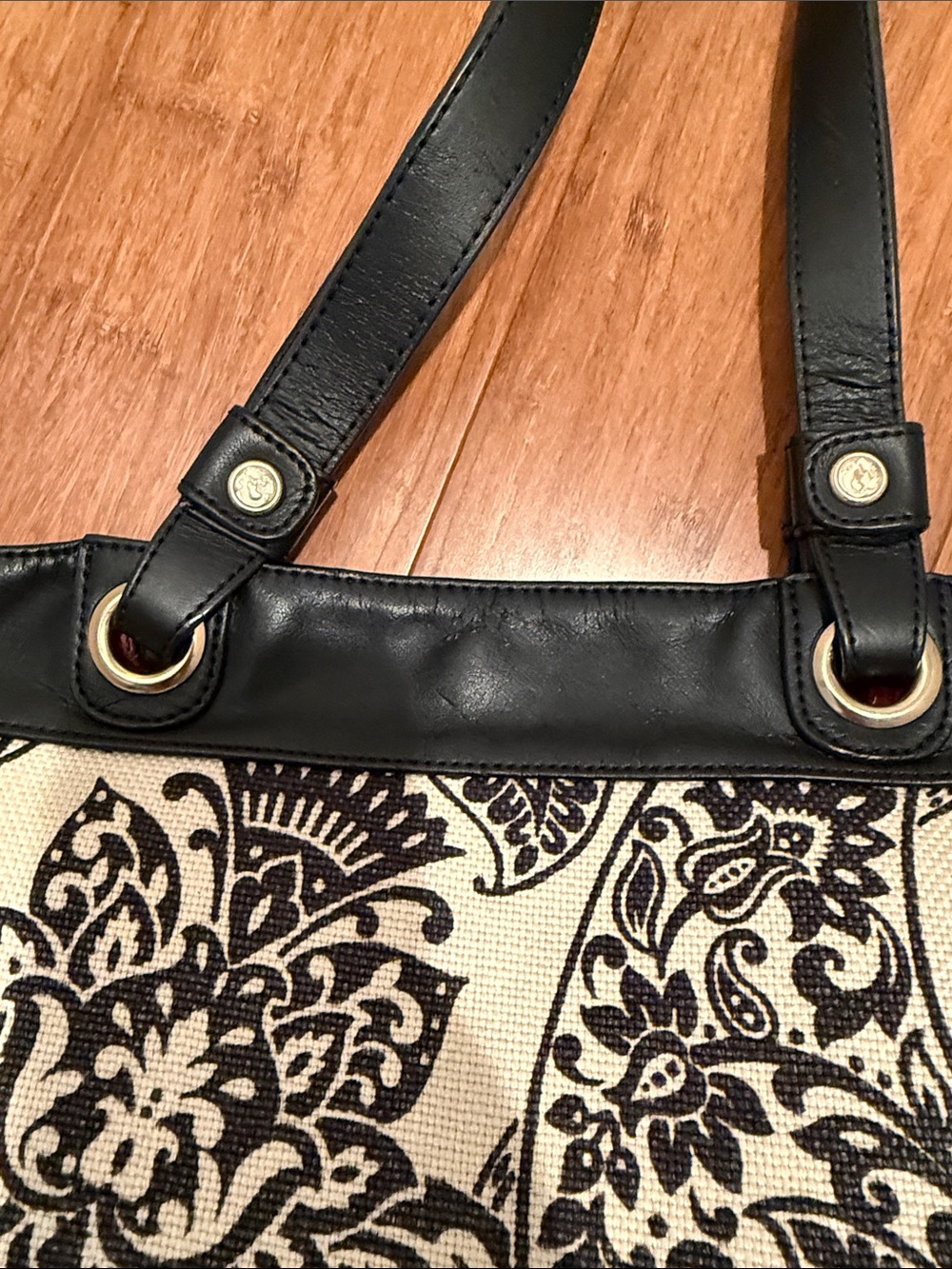 Spartina 449 Black & Cream Floral Canvas Tote with Pink Tassel - Picture 15 of 15